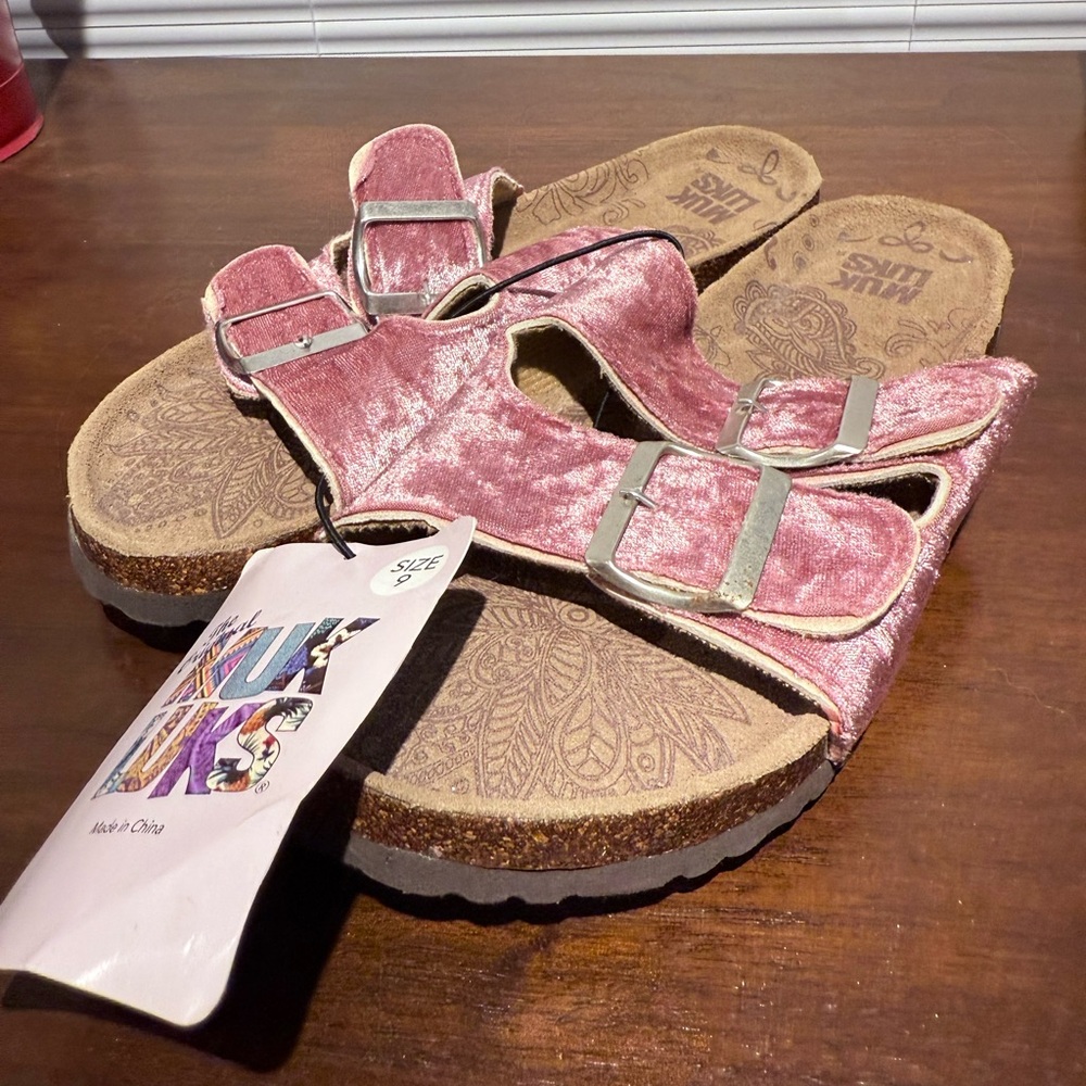 NWT Muk Luks Sandals Slides Crushed Velvet Pink Fits 9